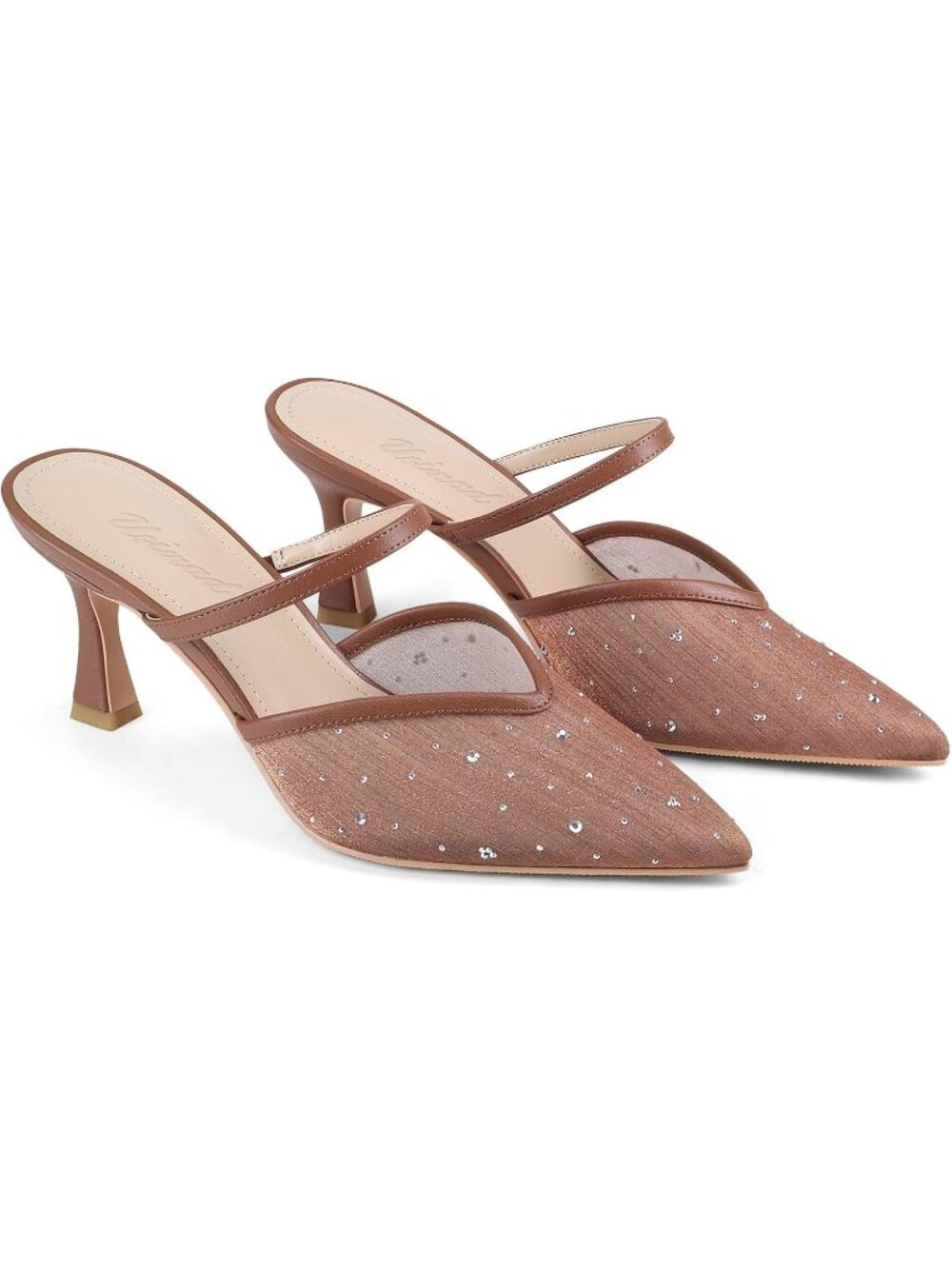 Women's Brown-Rhinestone High Heel Mules Pointy Toe Pumps Memory Foam Insole